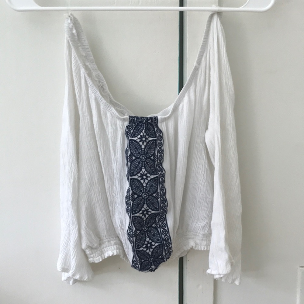 White and blue off the shoulder crop top